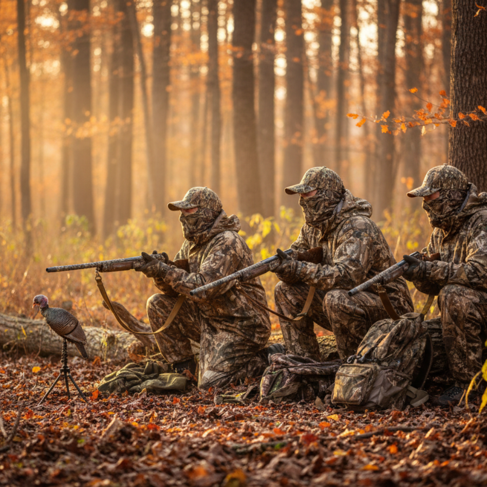 A row of hunters holding rifles wearing camo.