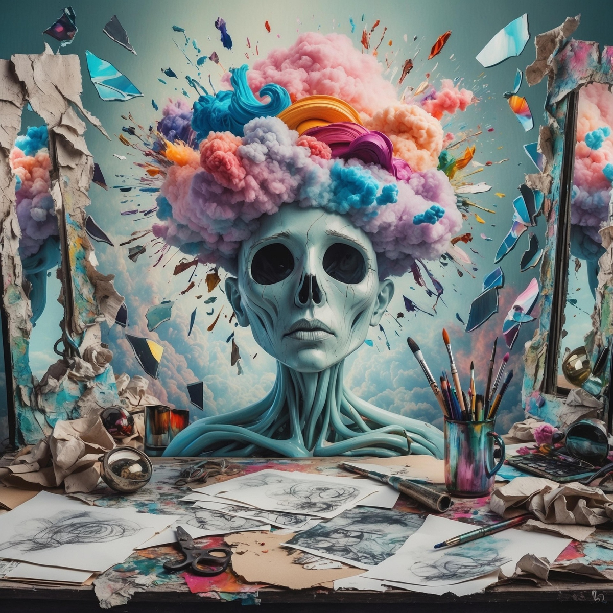 a skeleton figure with colorful hair exploding