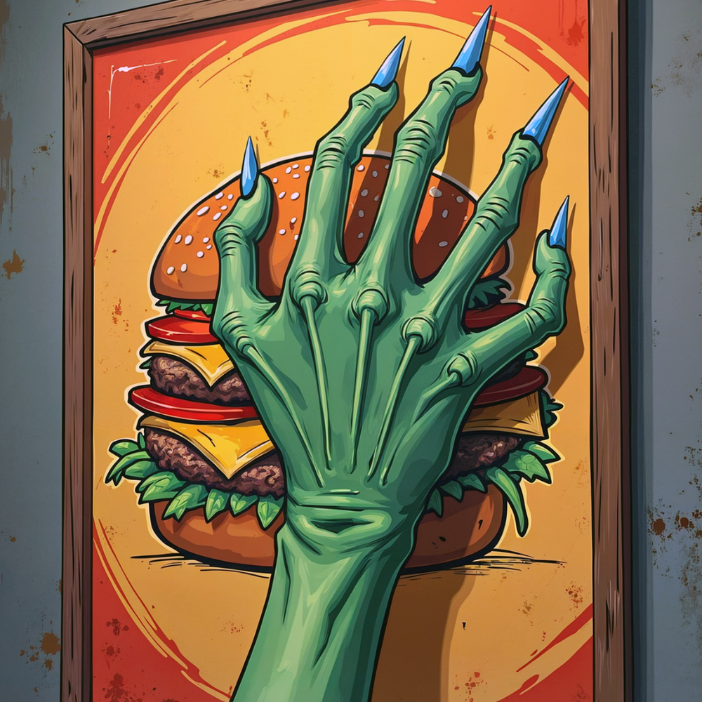 scary green hand over a double cheese burger.  No GMOs