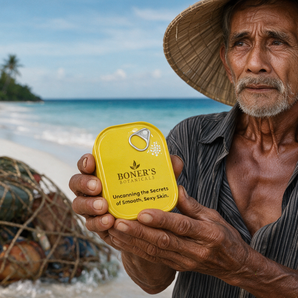 a castaway holding a tin can with boner's botanicals logo