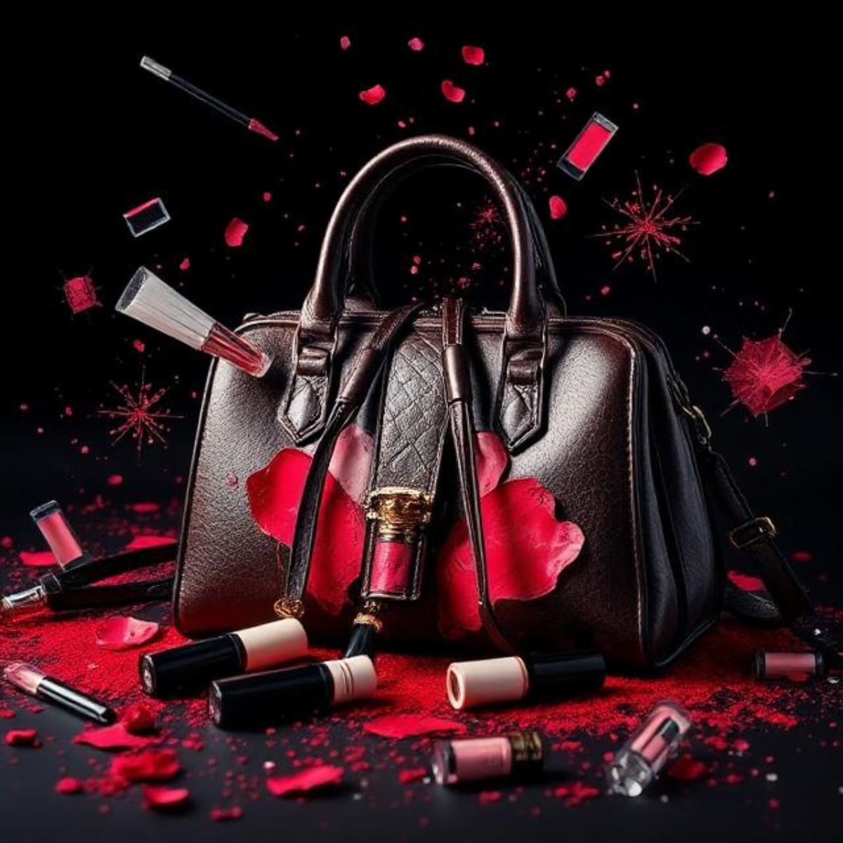 A purse with makeup coming out.