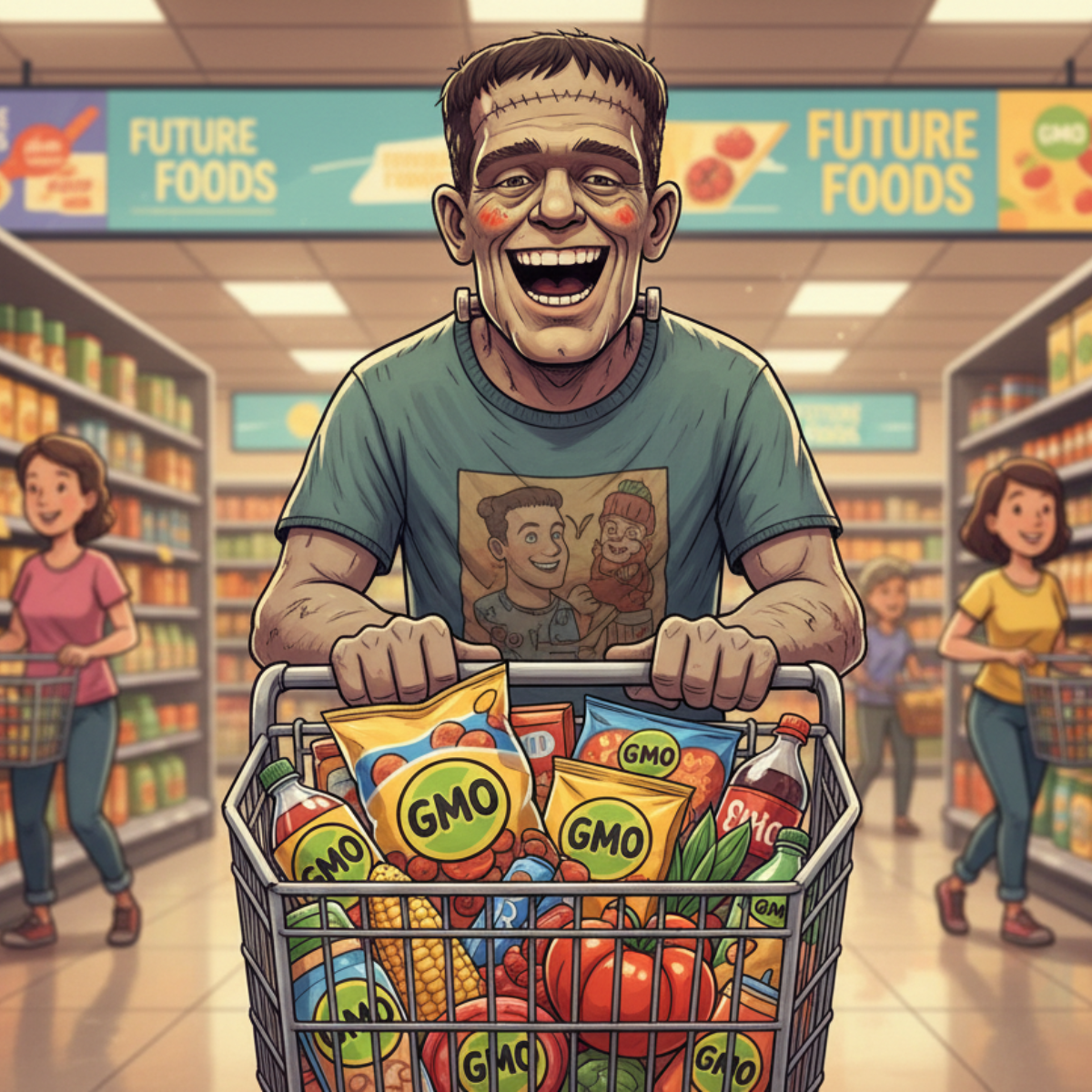 Frankenstein shopping for GMO foods at the grocery store