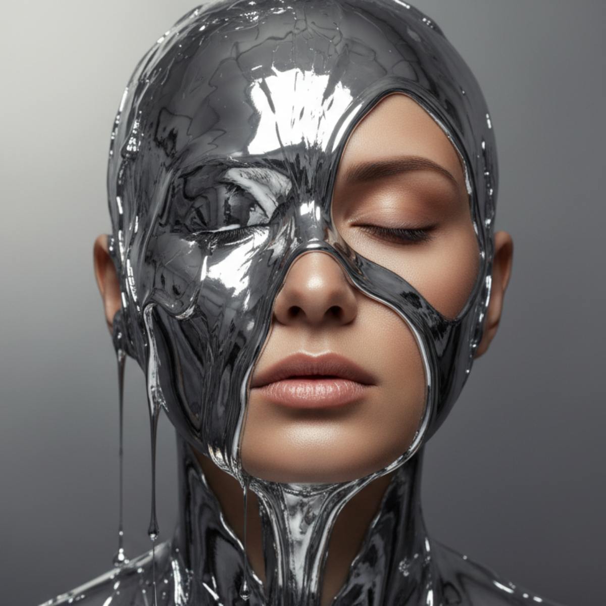 A womens face with mercury pored over her.